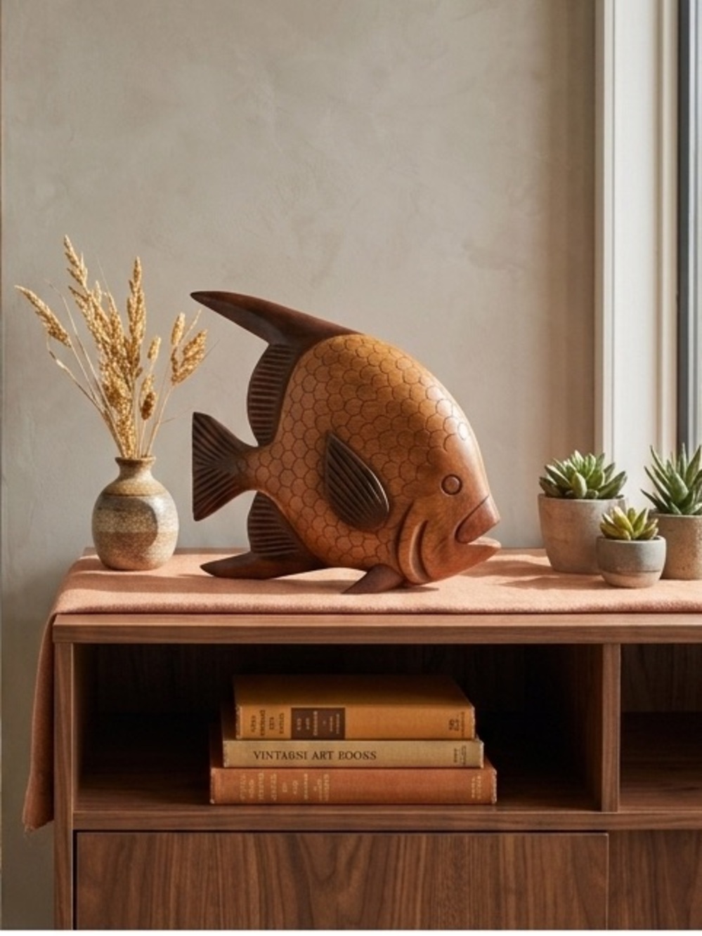 MCM Vintage Hand Carved Wood Angelfish Figurine 7.5” Tropical Tiki Coastal